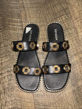 TOP Moda Black Slide Sandals with Gold Chain Motif